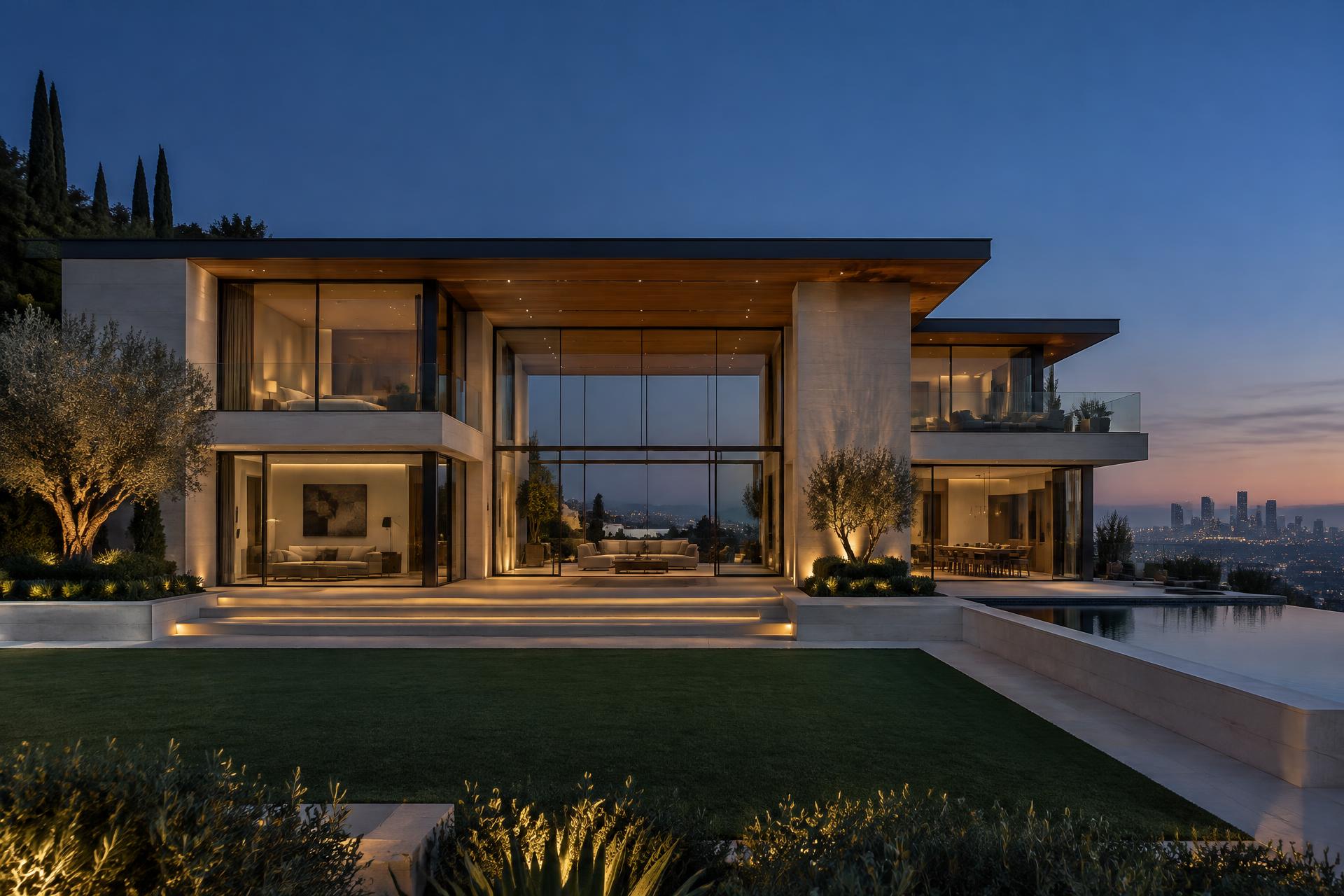 Contemporary luxury residence overlooking Los Angeles at dusk